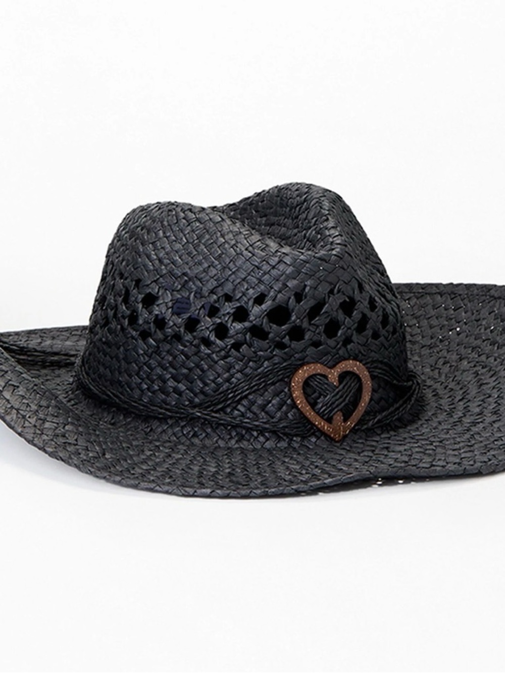 Black Woven Straw Cowboy Hat with Heart Accent